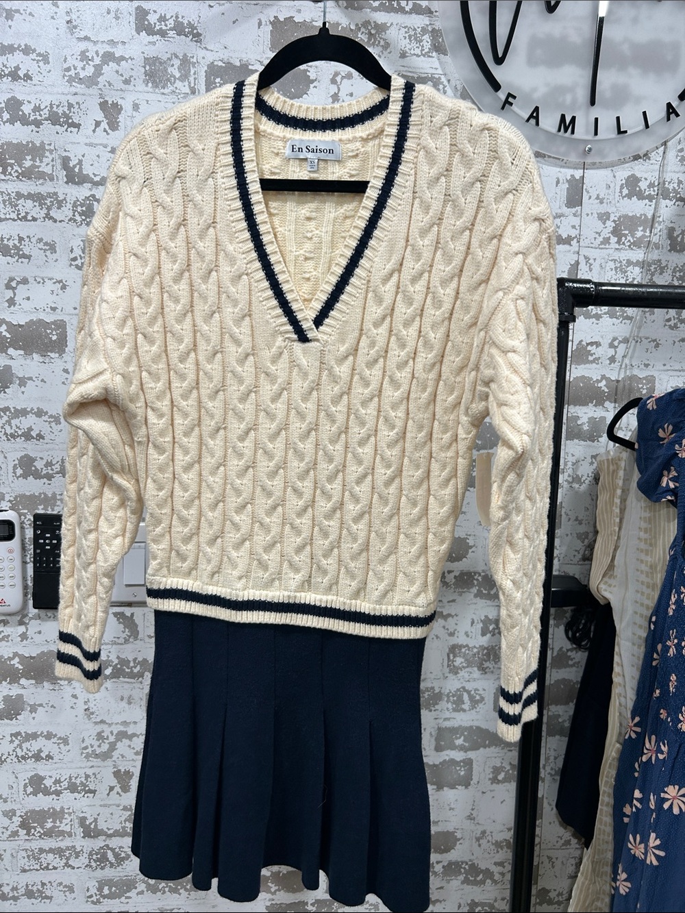 En Saison Cream Cable V-Neck Sweater with Navy Trim